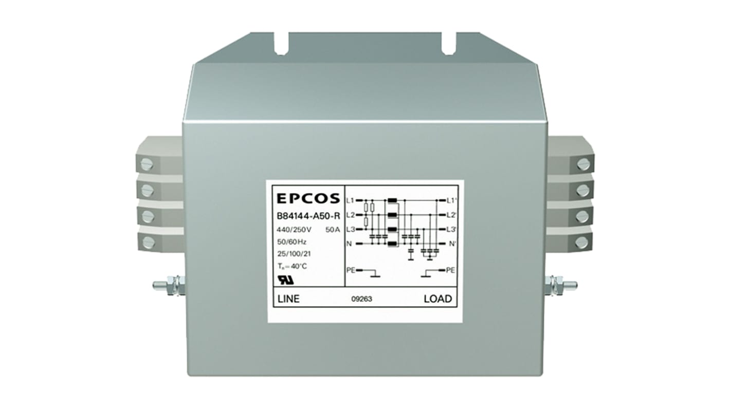EPCOS 三相EMC滤波器, 80A, 440 V 交流, 50 → 60Hz, 法兰安装, 插片接端, 一阶, B84144A*R000系列