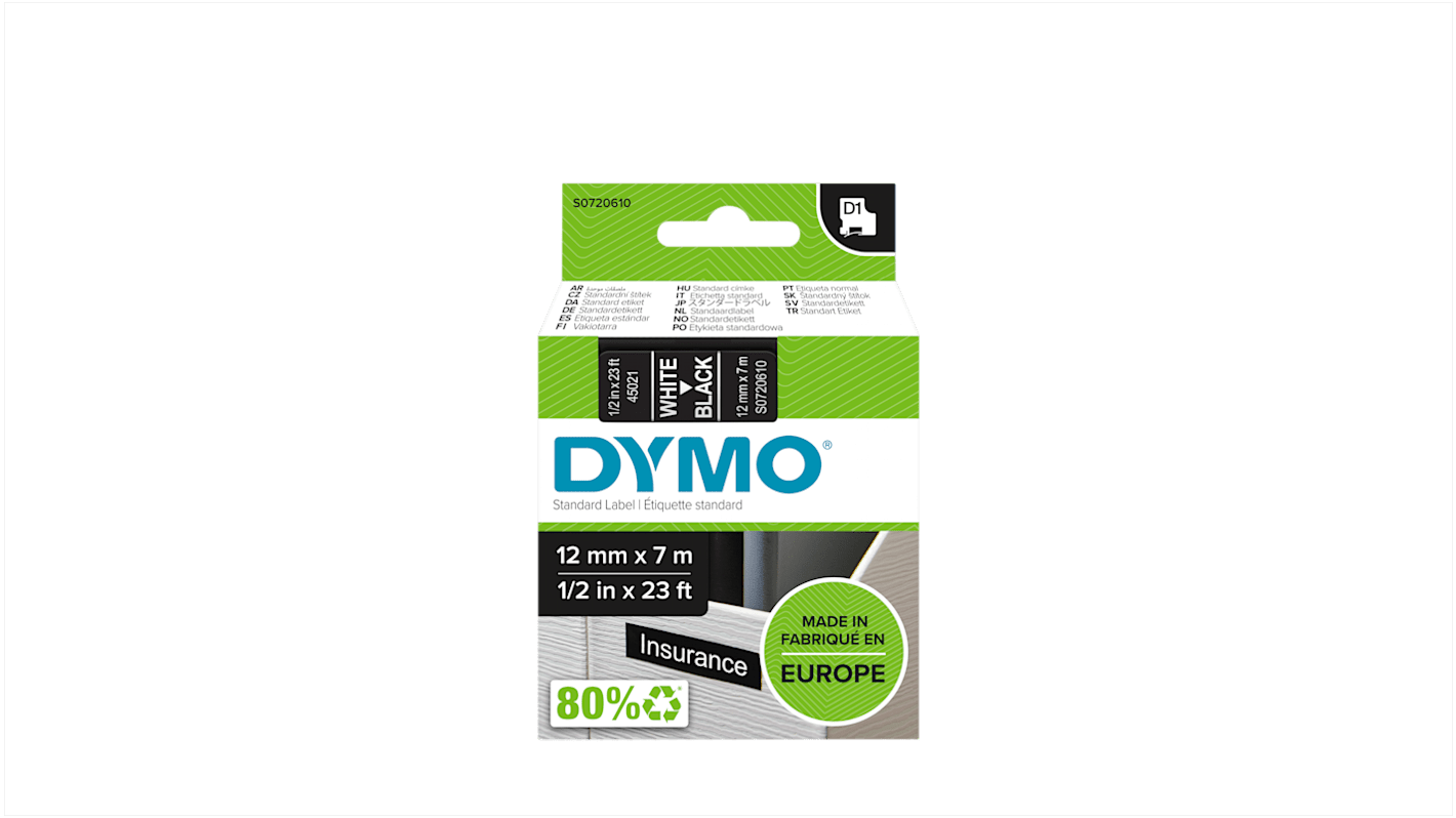 Dymo 标签色带, 黑底白字, 12 mm宽, 7 m/卷, 用于Dymo 160, Dymo 210D, Dymo 280, Dymo 360, Dymo 420P, Dymo 450 DUO, Dymo 500TS, Dymo