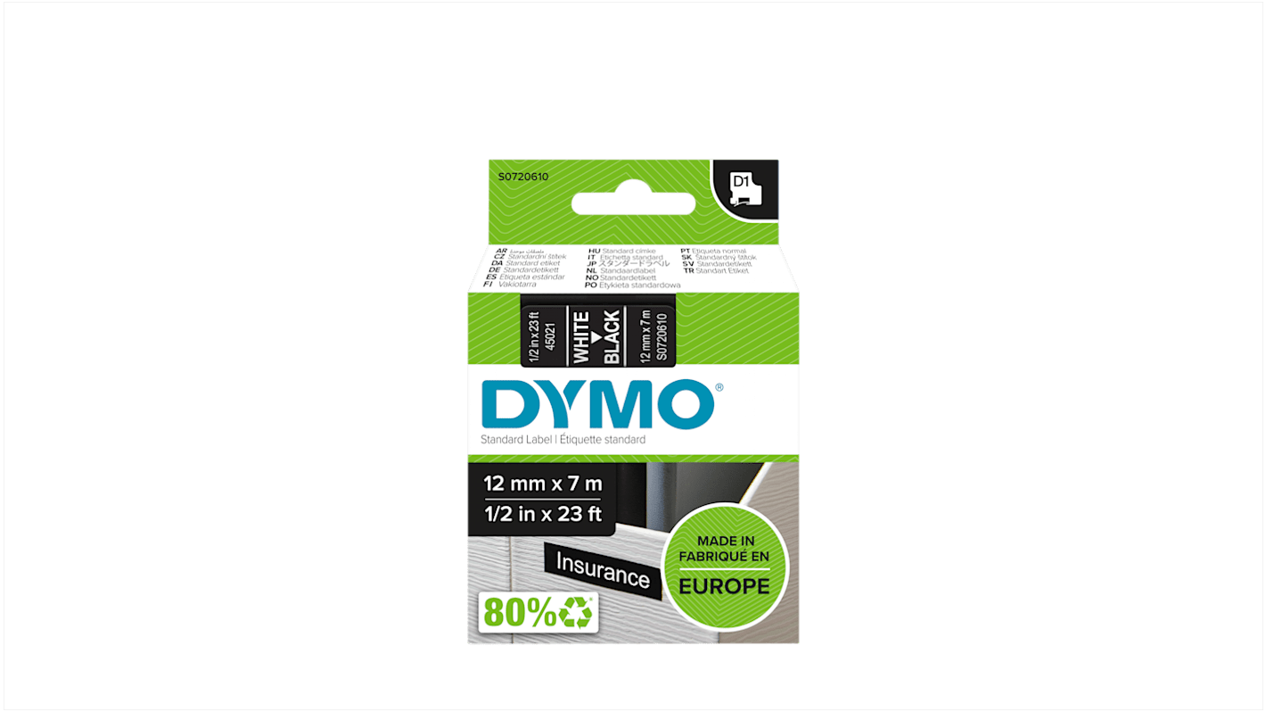 Cinta para impresora de etiquetas Dymo, color Blanco sobre fondo Negro, 1 Roll, para usar con Dymo 160, Dymo 210D, Dymo