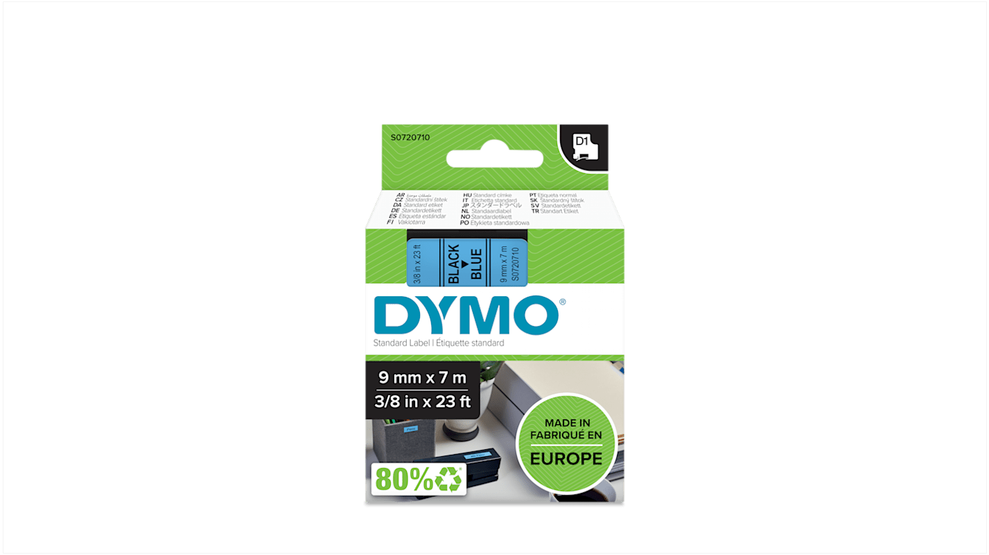 Dymo Black on Blue Label Printer Tape, 7 m Length, 9 mm Width