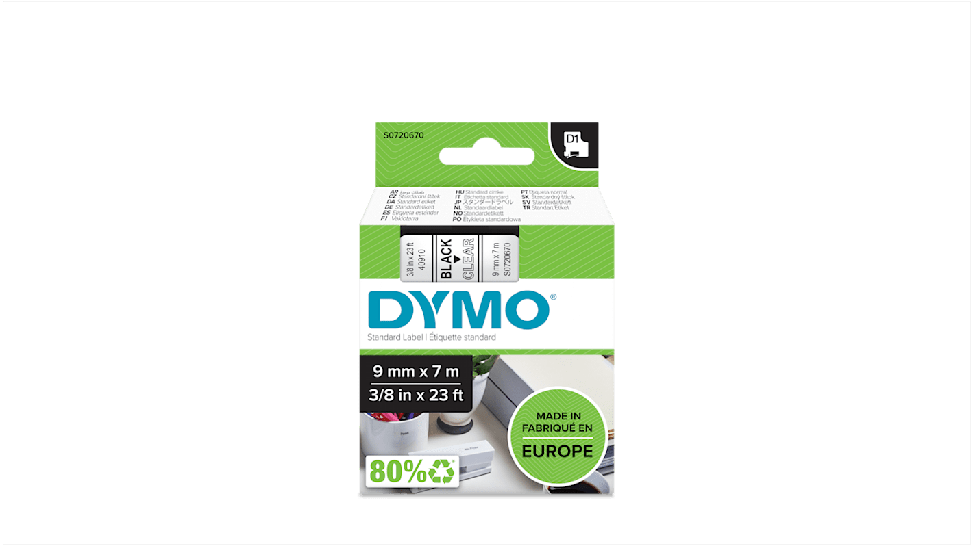 Dymo Black on Green Label Printer Tape, 7 m Length, 9 mm Width