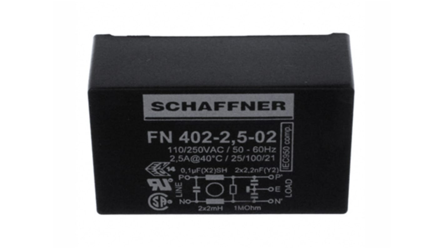 Schaffner, FN402 2.5A 250 V ac 400Hz, PCB Mount EMI Filter, Pin, Single Phase