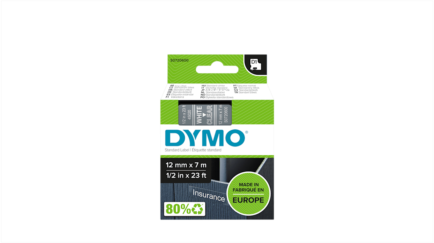 Dymo White on Clear Label Printer Tape, 7 m Length, 12 mm Width