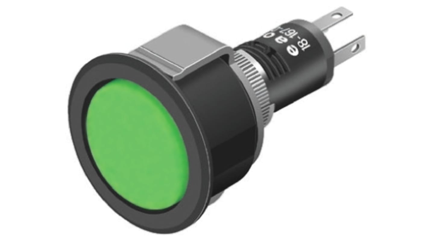 Indicador LED EAO, Verde, lente prominente, marco Negro, Ø montaje 16mm, 3.2V dc, 2mA