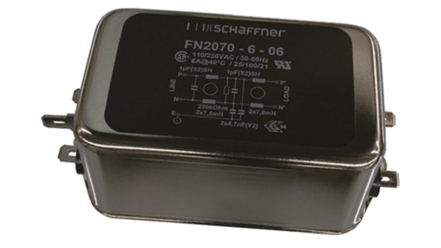 Schaffner 单相EMI滤波器, 6A, 250 V 交流/直流, DC → 400Hz, 底盘安装, Fast-On接端, 二阶, FN2070系列