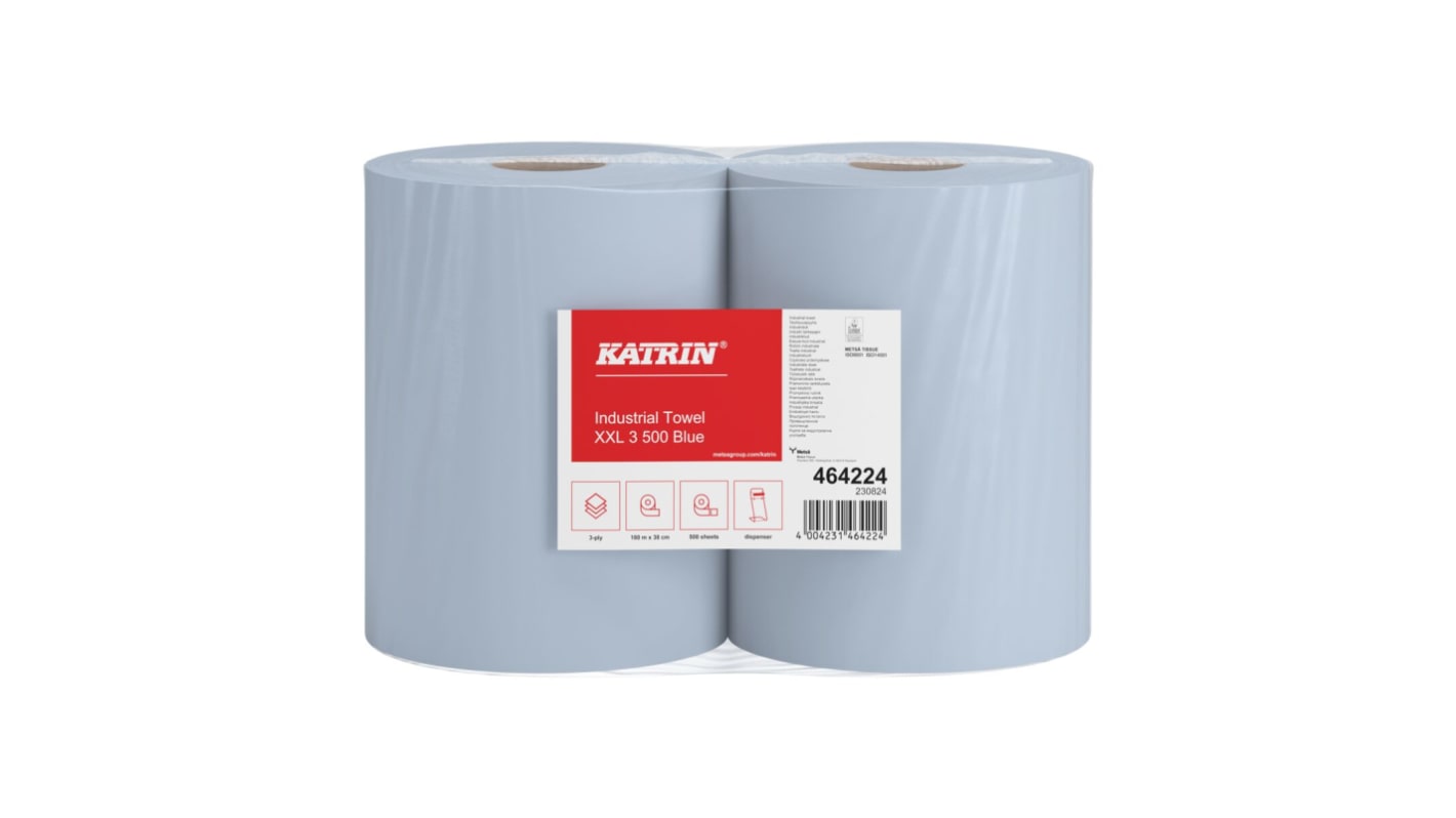 Katrin Metsa Rolled Blue Paper Industrial Wiping Roll, 360 x 380mm, 3-Ply, 500 Sheets