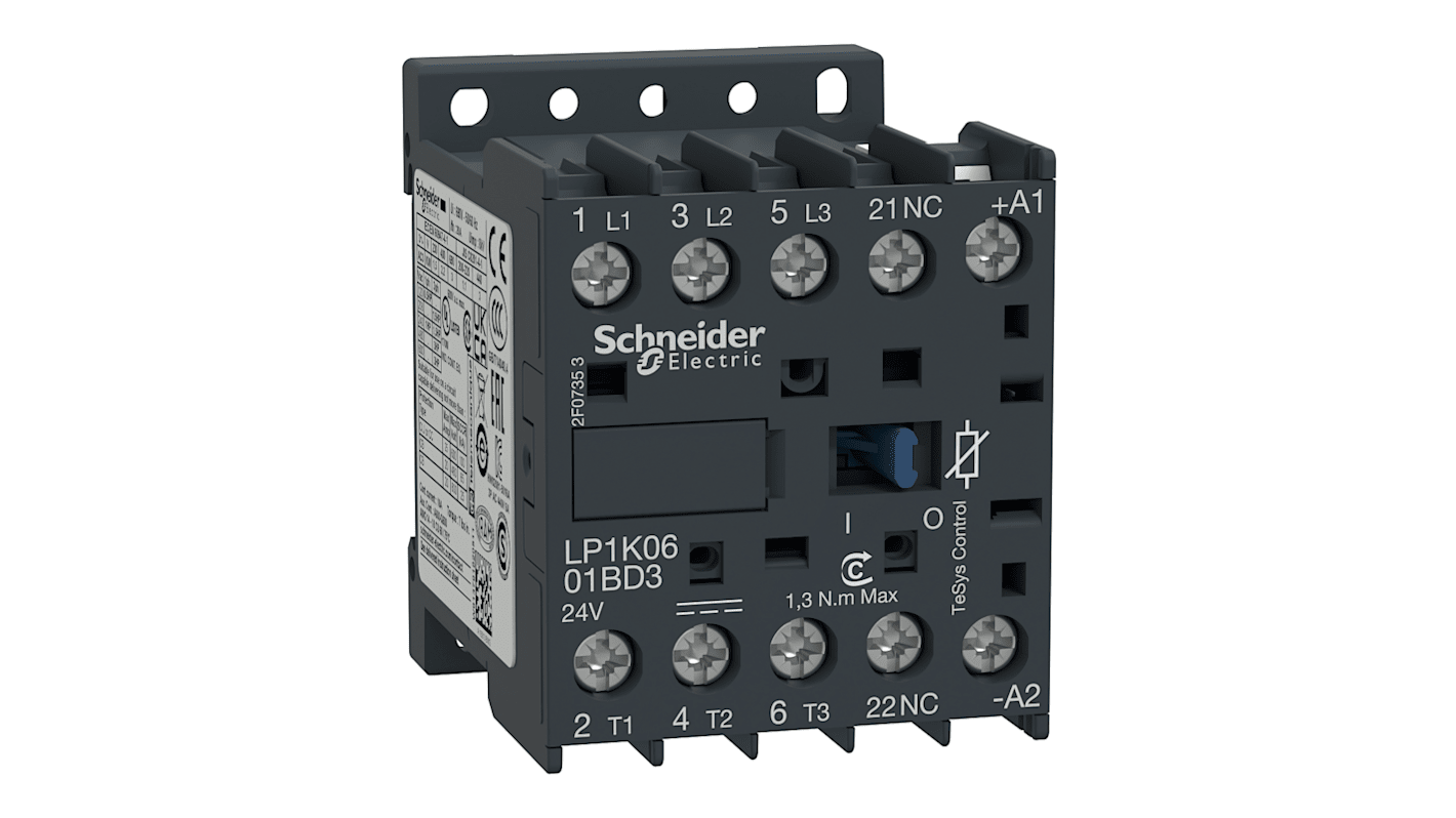 Schneider Electric TeSys K Contactor, 24 V Coil, 3-Pole, 6 A, 2.2kW, 3NO