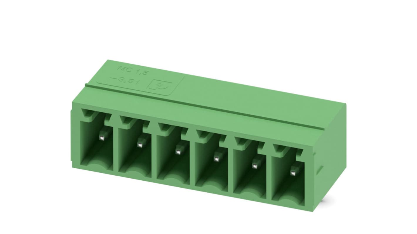 Phoenix Contact, 3.81mm Pitch, MC 1.5/ 6-G-3.81, 6 Way, Right Angle, Pluggable Terminal Block, Header, Through Hole,