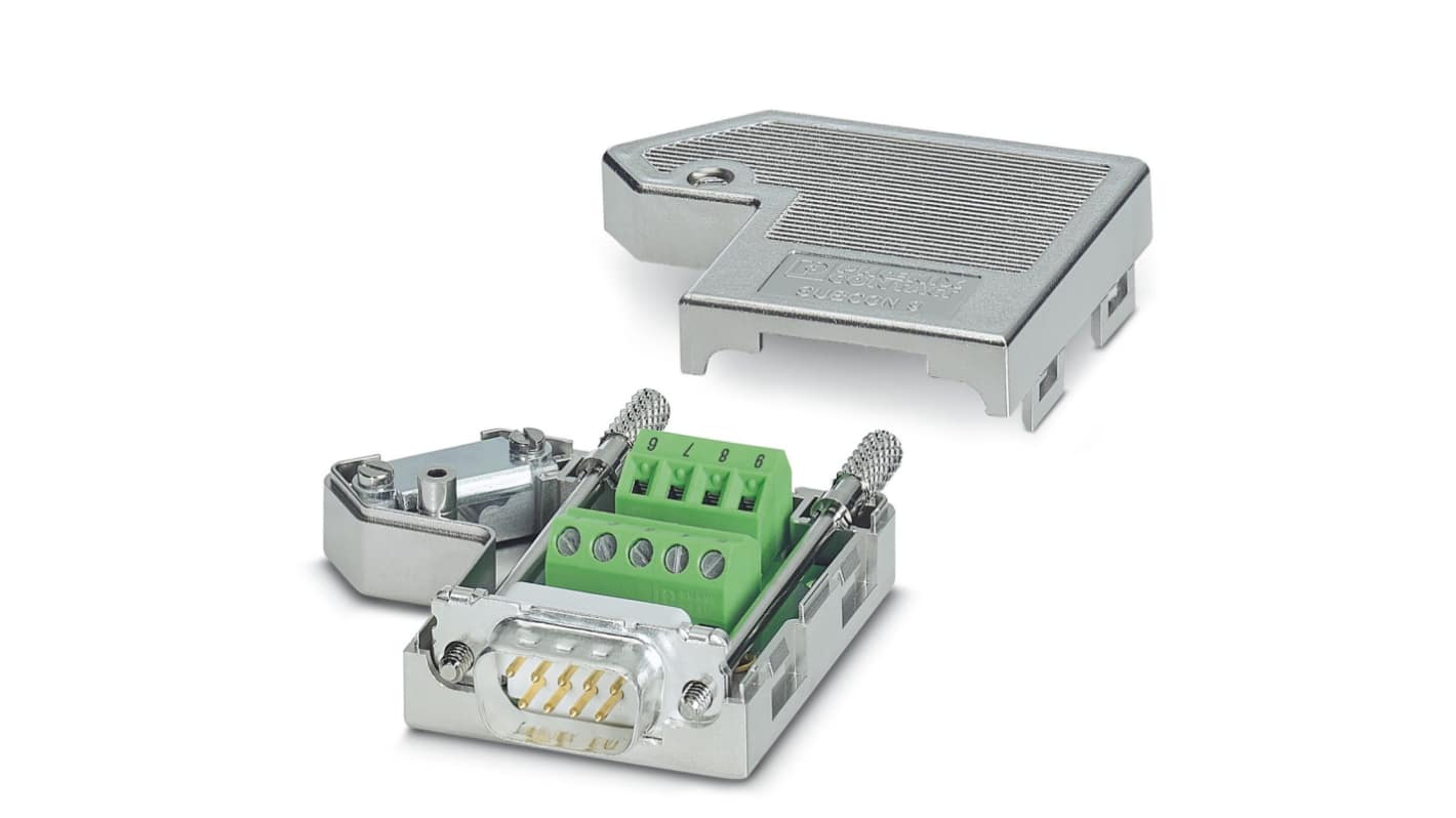 Phoenix Contact DB9针公插, 直角, 电缆安装, 电源接头组件端接, 50.0 V, 1A, SUBCON 9/M-SH系列
