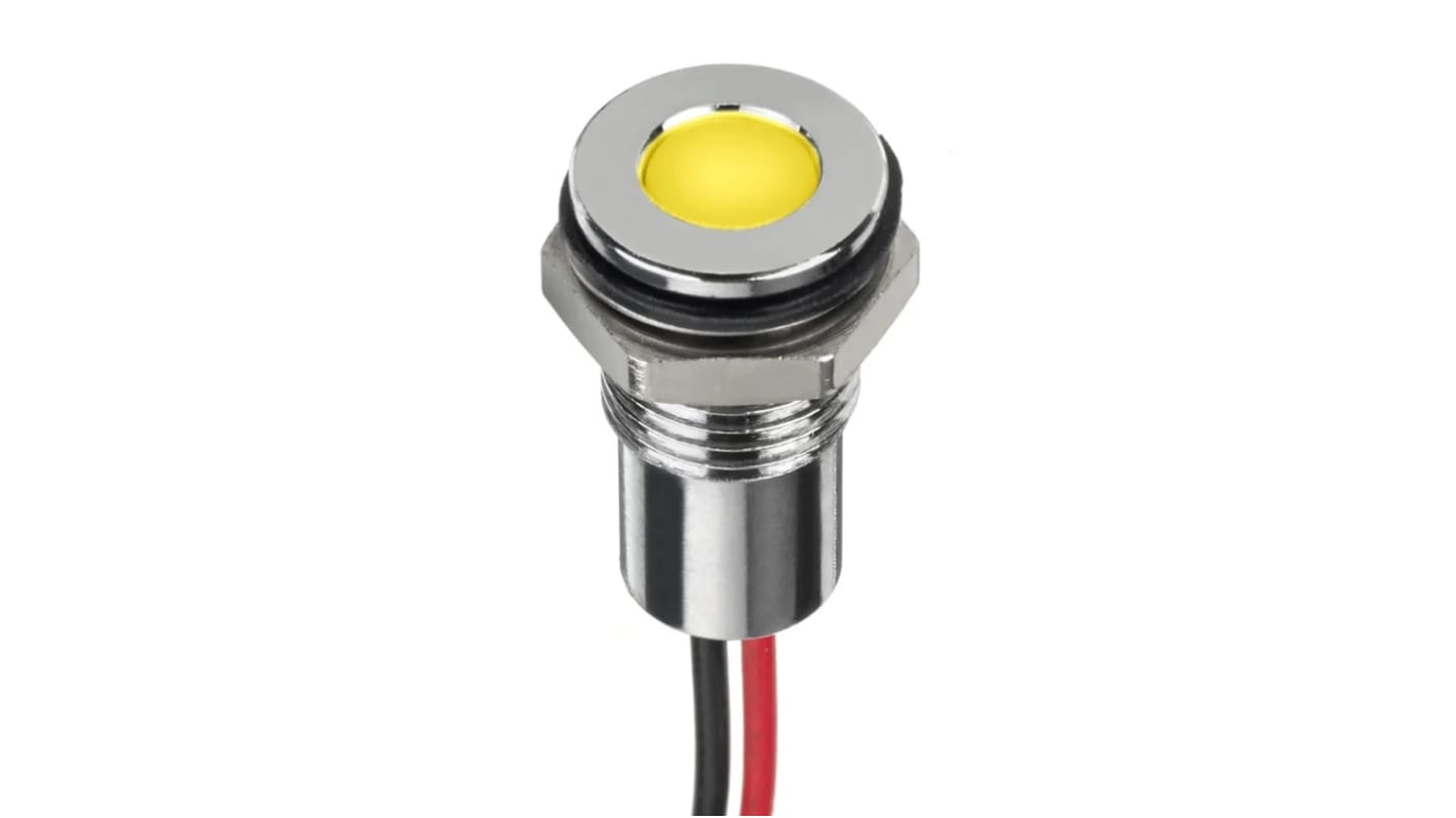 RS PRO Yellow Panel Mount Indicator, 6V dc, 8mm Mounting Hole Size, Lead Wires Termination, IP67