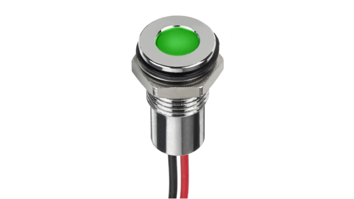 RS PRO Green Panel Mount Indicator 12V dc 8mm Mounting Hole Size Lead Wires Termination IP67 RS