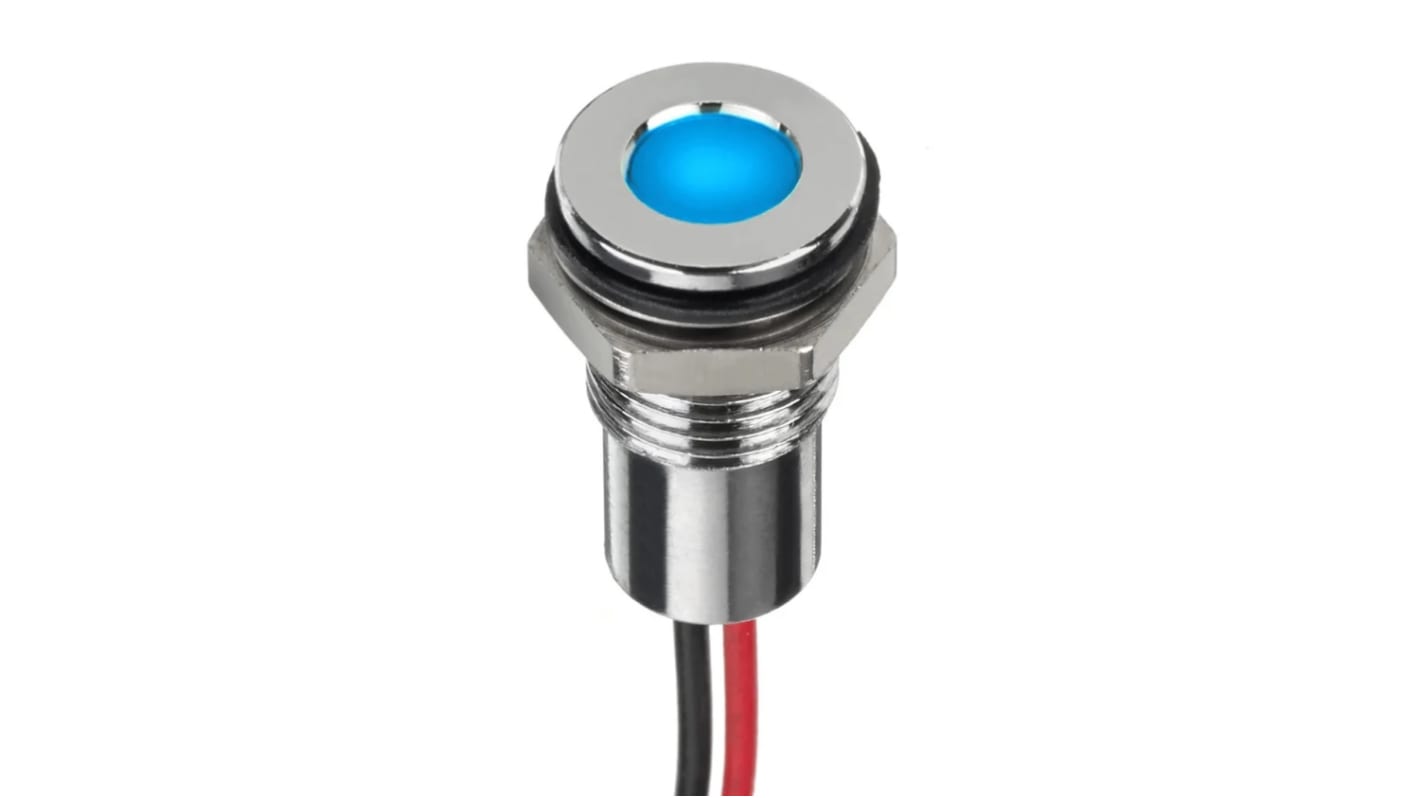 RS PRO Blue Panel Mount Indicator, 24V dc, 8mm Mounting Hole Size, Lead Wires Termination, IP67