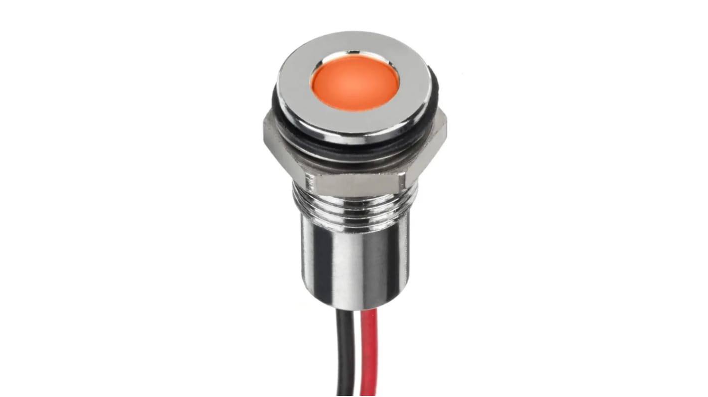 Indicador LED Circular RS PRO, Naranja, lente enrasada, marco Cromo, Ø montaje 8mm, 28V dc, 20mA, 110mcd, IP67