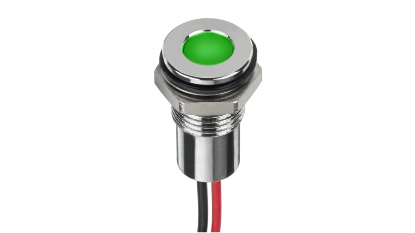 Indicador LED Circular RS PRO, Verde, Rojo, Amarillo, lente enrasada, marco Cromo, Ø montaje 8mm, 6V dc, 20mA,