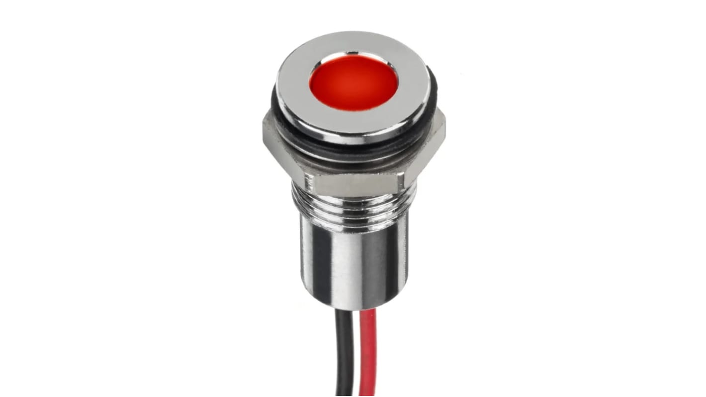 RS PRO 超红LED面板指示灯, 1,8 → 3,3V 直流, 20mA, Φ8mm安装孔, 引线端接, 嵌入式边框, 铬色边框, IP67