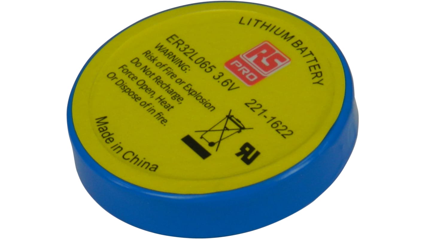 RS PRO ER32L65纽扣电池, 3.6V, 1000mAh, 锂亚硫酸氯, PCB 引脚接端, 32.9 x 6.5mm
