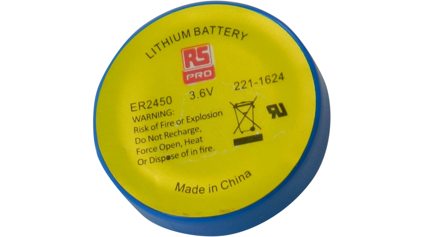 RS PRO ER2450纽扣电池, 3.6V, 500mAh, 锂亚硫酸氯, 标准接端, 24.5 x 5.5mm
