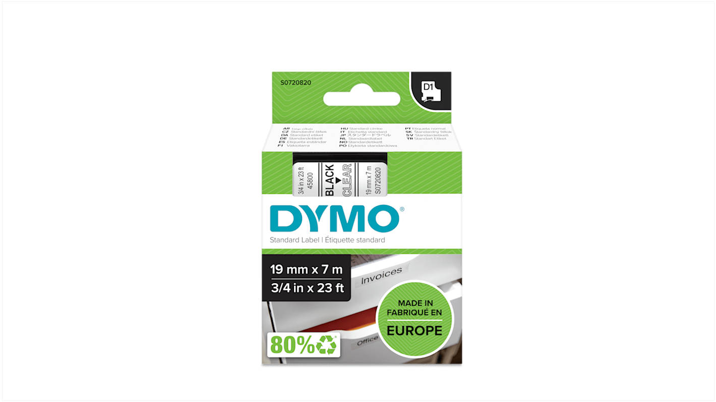 Cinta para impresora de etiquetas Dymo, color Negro sobre fondo Transparente, 1 Roll, para usar con Dymo 360, Dymo