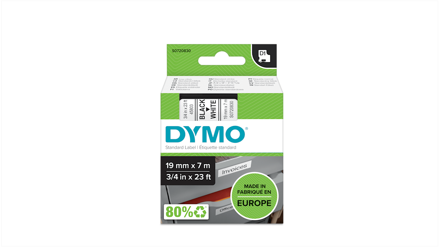 Dymo Black on White Label Printer Tape, 7 m Length, 19 mm Width