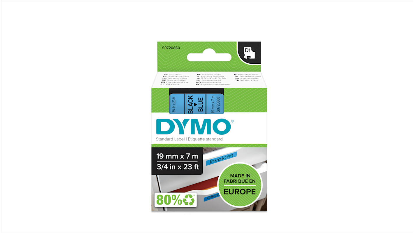 Cinta para impresora de etiquetas Dymo, color Negro sobre fondo Azul, 1 Roll, para usar con Dymo 360, Dymo 420P, Dymo