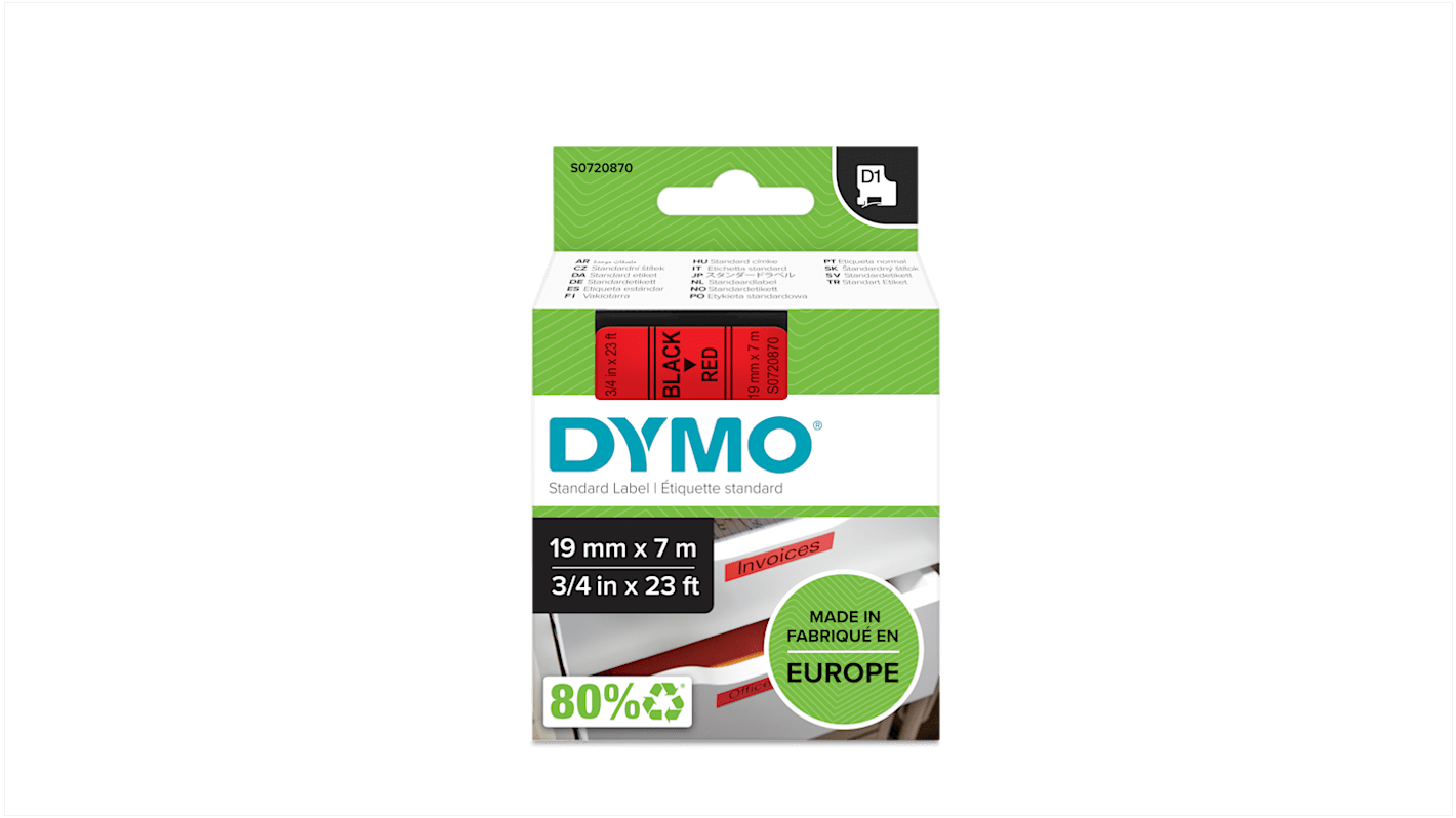 Dymo Black on Red Label Printer Tape, 7 m Length, 19 mm Width
