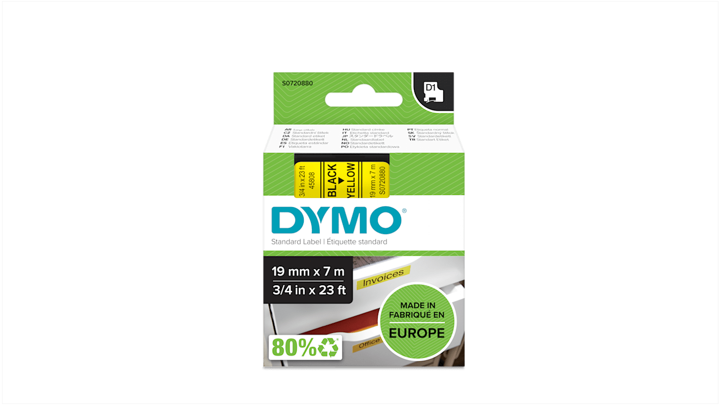Dymo Black on Yellow Label Printer Tape, 7 m Length, 19 mm Width