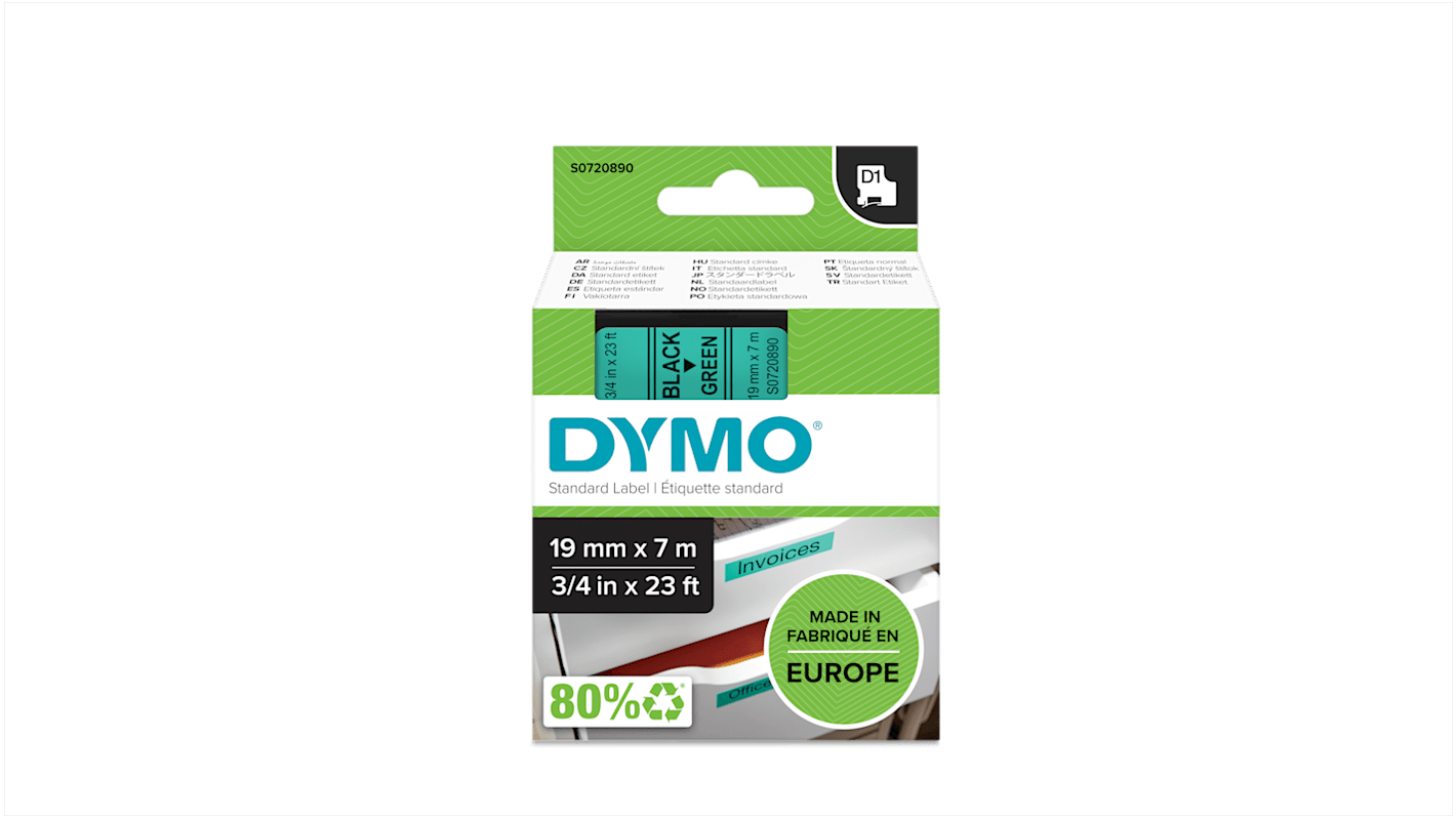 Dymo Black on Green Label Printer Tape, 7 m Length, 19 mm Width