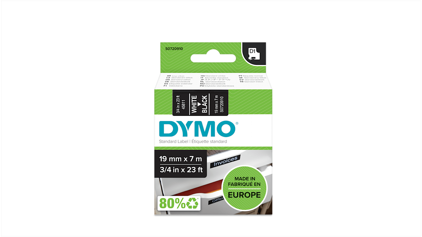 Dymo White on Black Label Printer Tape, 7 m Length, 19 mm Width