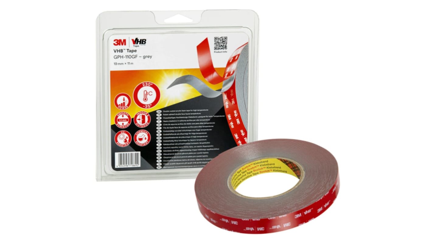 3M GPH-110GF, VHB™ GPH Grey Adhesive Foam Tape, 19mm x 11m, 1.1mm Thick