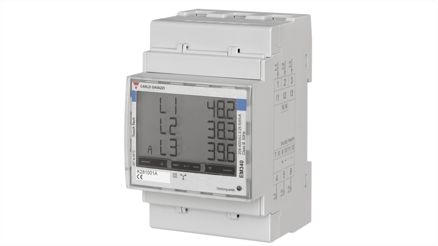 Medidor de energía Carlo Gavazzi serie EM340, display LCD, con 8 dígitos, 3 fases, dim. 54mm x 91mm