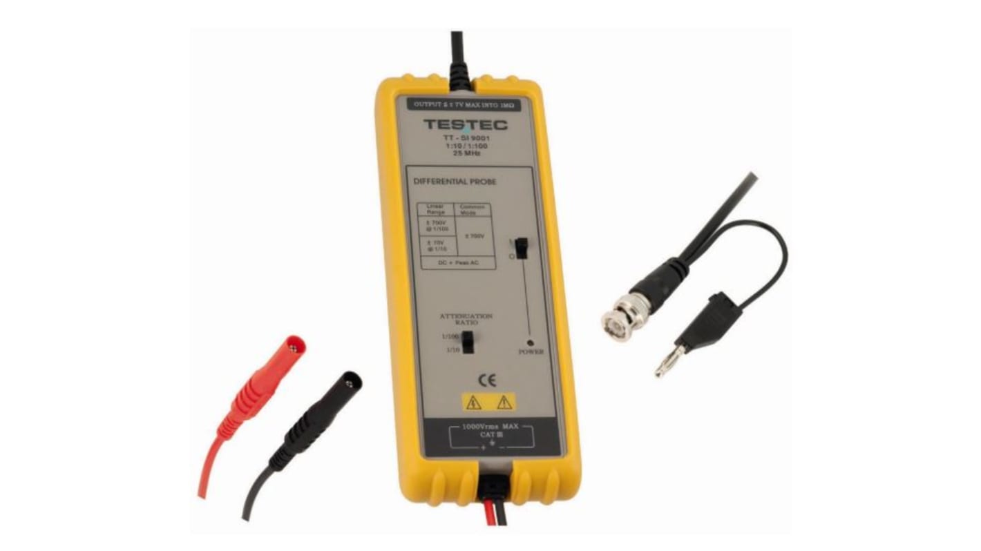 Testec SI Series TT-SI 9001 Oscilloscope Probe, Active, Differential Type, 25MHz, 1:10, 1:100, BNC Connector