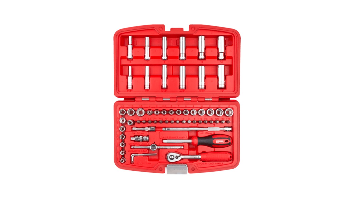 RS PRO 60-Piece 1/4 in Deep Socket/Standard Socket/Bit Set with Ratchet, 6 point; 12 point; Hex Bit; Phillips Bit;