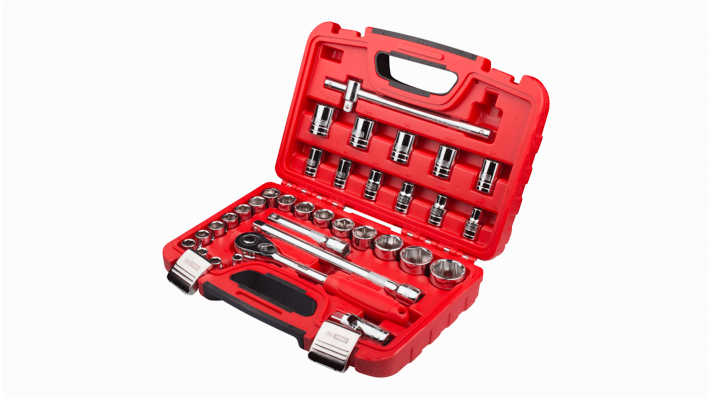 RS PRO 34-Piece Imperial, Metric 1/2 in Standard Socket Set with Ratchet, 6 point; 12 point