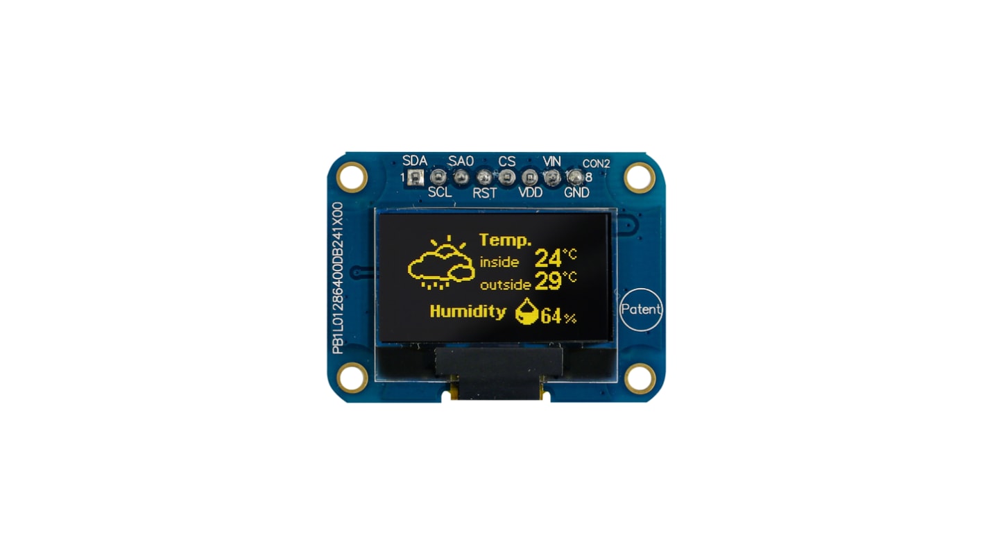 Afficheur OLED, Midas, 0.96pouce, Matrice passive, Jaune, 128 x 64pixels, COB, interface I2C