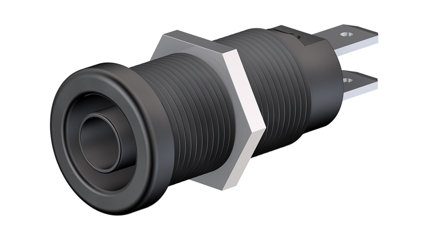 Stäubli 4 mm Bananenbuchse Schwarz, Kontakt vernickelt, 1000V / 20A Flachstecker
