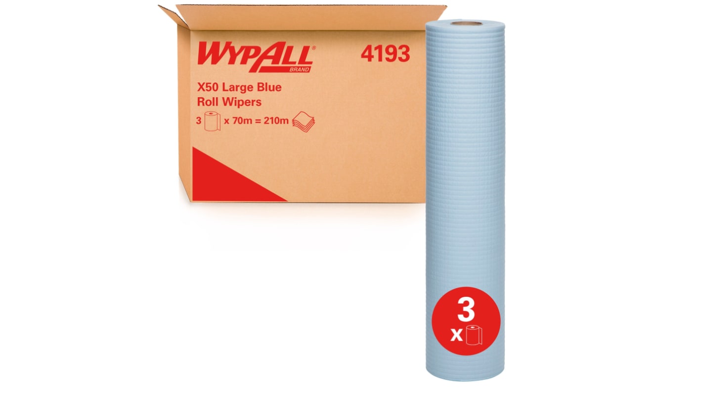 WYPALL X50 Large Blue Roll Wipers (4193) Dry Multi-Purpose Wipes, Roll of 3, 49cm x 70m