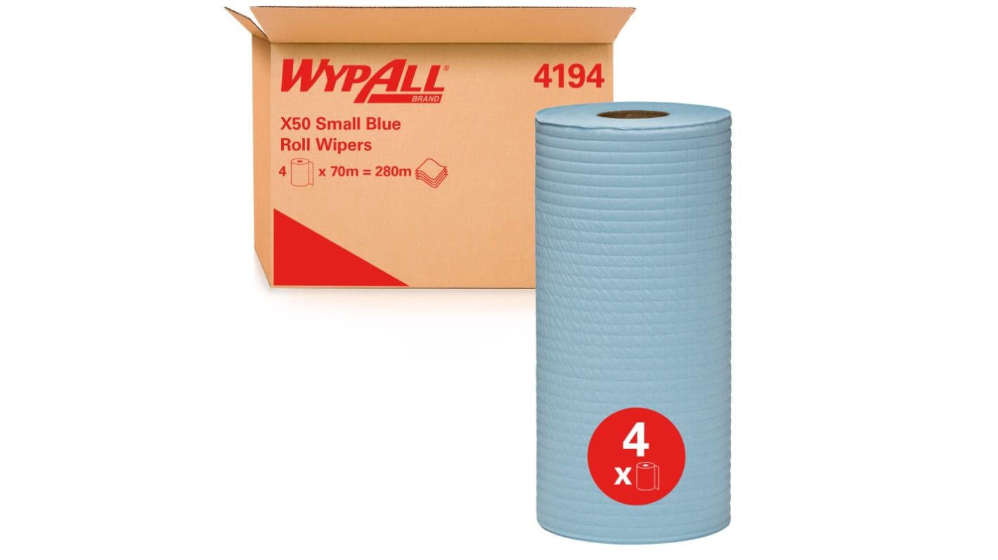 WYPALL X50 Small Blue Roll Wipers (4194) Dry Multi-Purpose Wipes, Roll of 4, 24.5cm x 70m