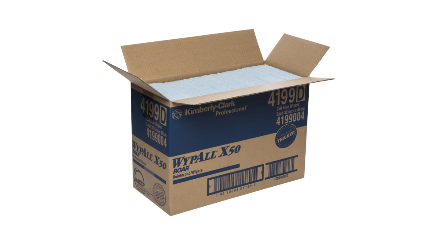 WYPALL X50 Reinforced Single Sheet Blue Wipers (4199) Dry Multi-Purpose Wipes, Pack of 250, 32.5cm