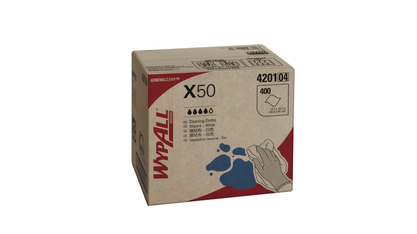 WYPALL X50 Reinforced Single Sheet White Wipers (4201) Dry Medium-duty Multi-Purpose Wipes, Pack of 400, 32.5cm