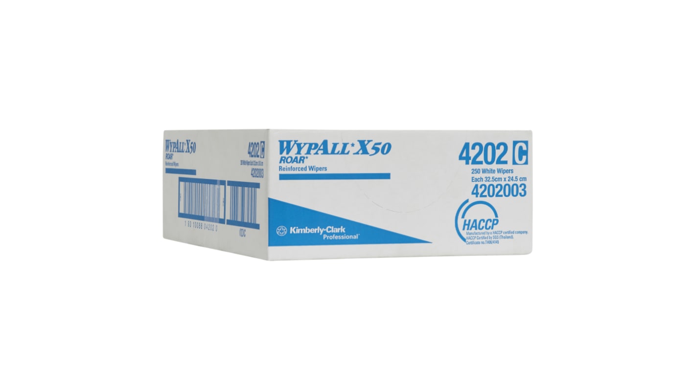 WYPALL X50 Reinforced Single Sheet White Wipers (4202) Dry Multi-Purpose Wipes, Pack of 250, 32.5cm