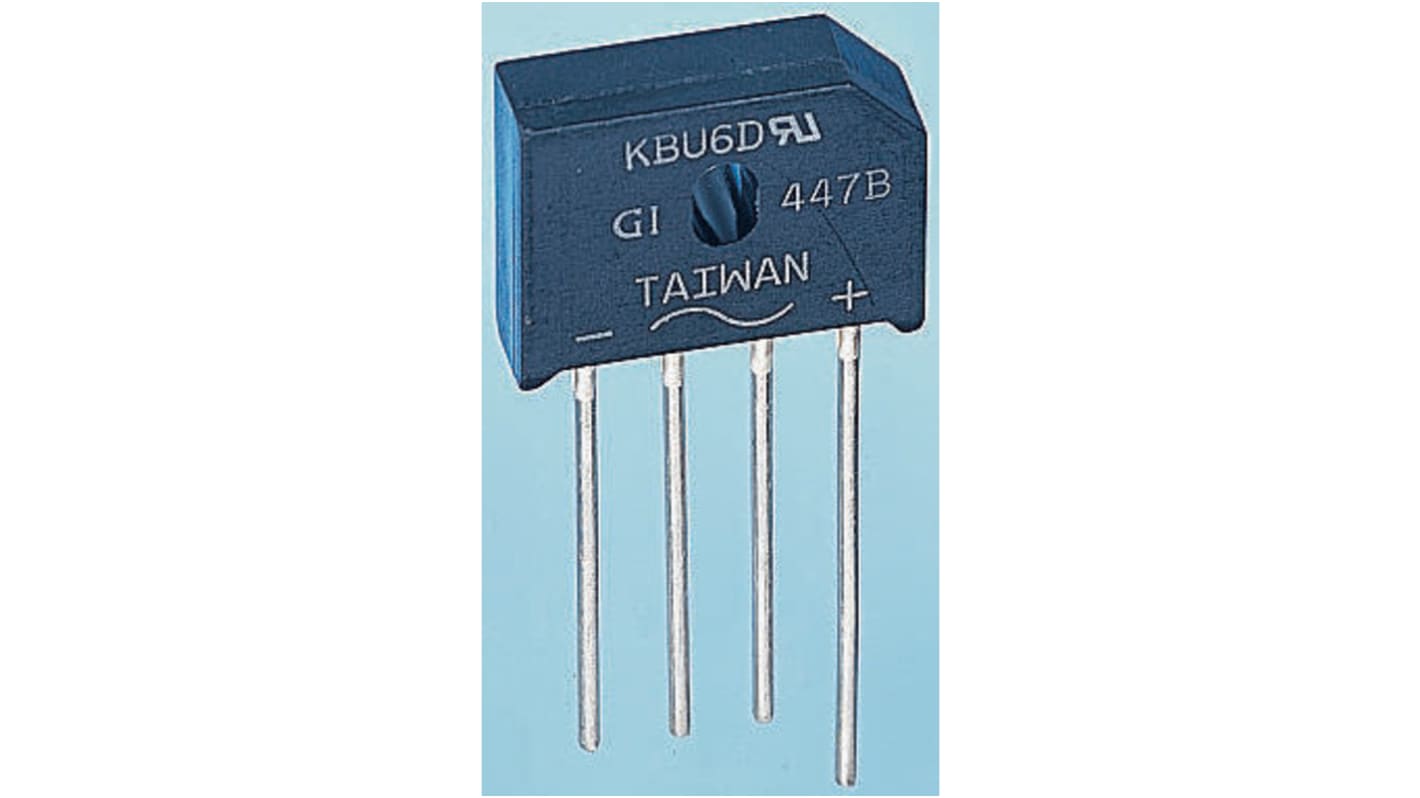 Raddrizzatore a ponte, Monofase, onsemi, Ifwd 6A, VRRM 600V, GBU, Su foro, 4 Pin