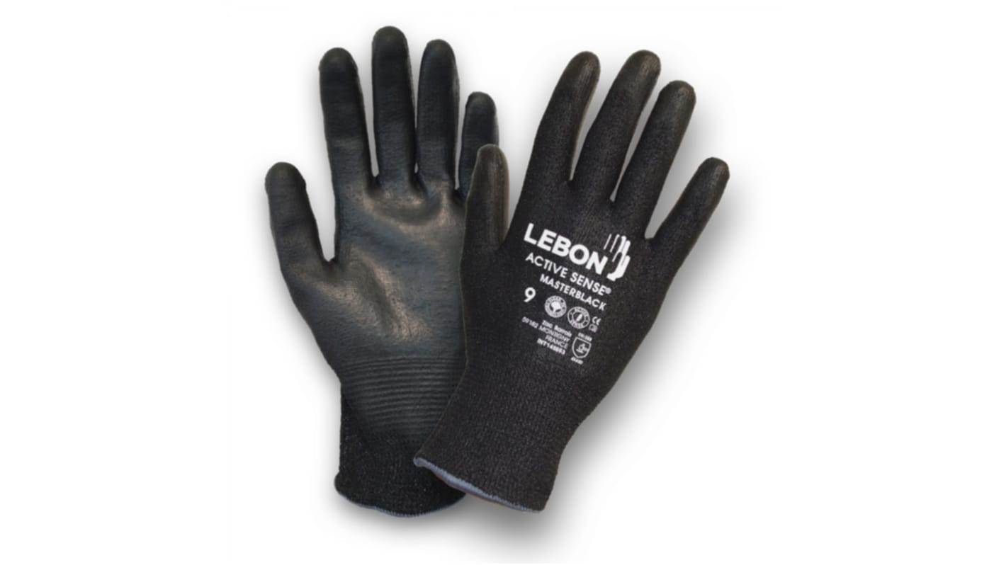 Lebon Protection MASTERBLACK Black Elastane, HPPE, Polyamide Cut Resistant Cut Resistant Gloves, Size 10, Polyurethane