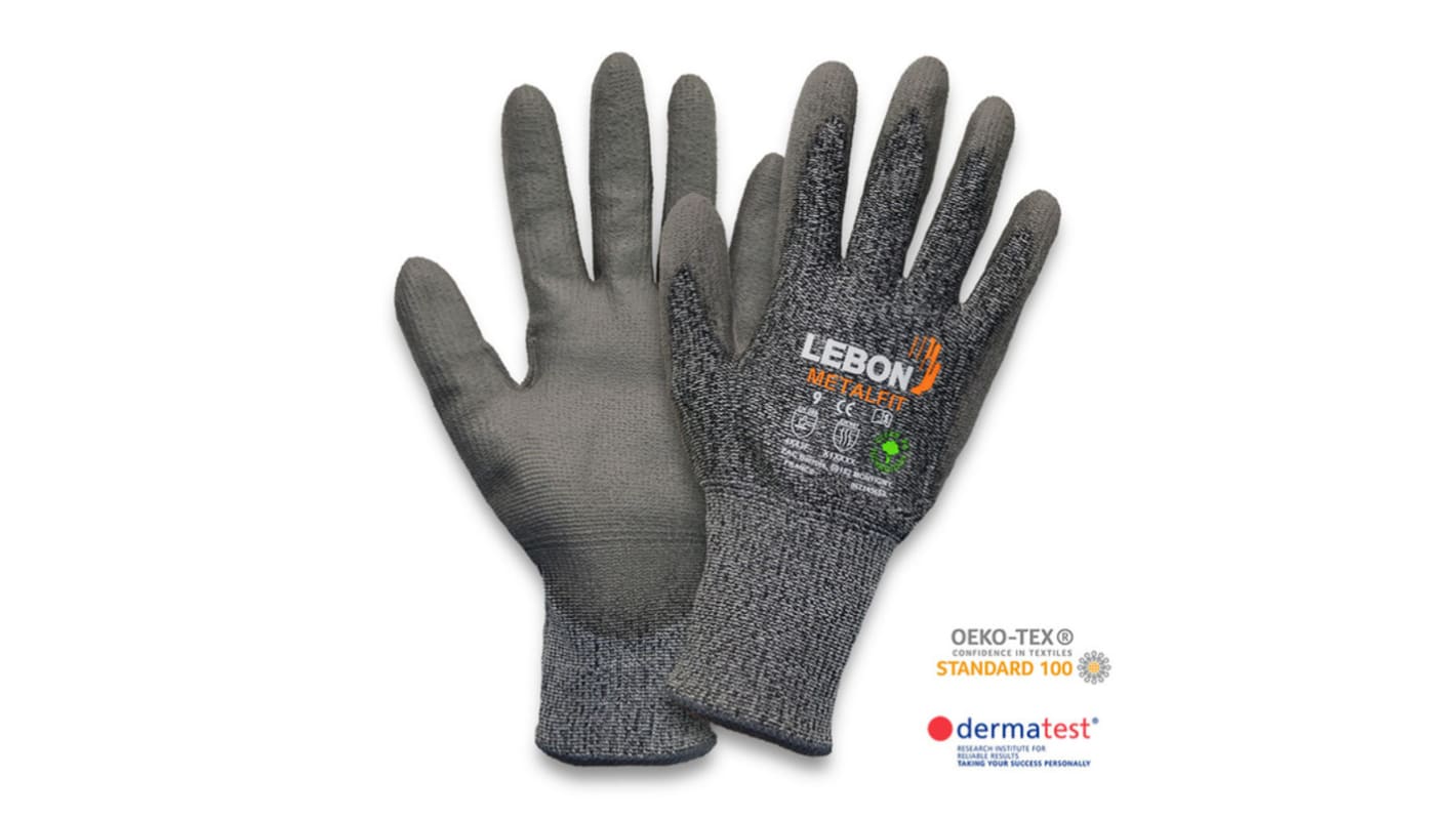 Guantes resistentes a cortes de HPPE Gris Lebon Protection serie METALFIT, talla 9, con recubrimiento de Poliuretano