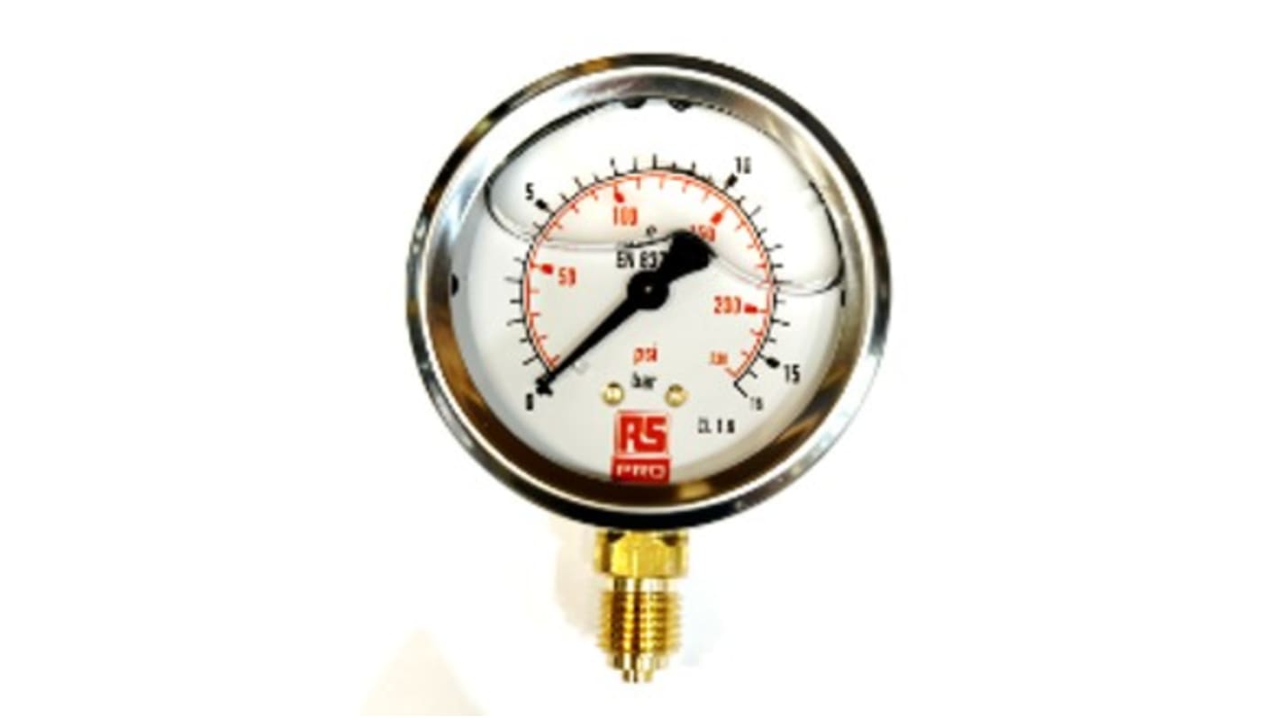 RS PRO Druckmessgerät Prozessanschluss unten Analog 0bar → 16bar ± 1.6%, Ø 63mm Edelstahl Gehäuse G1/4