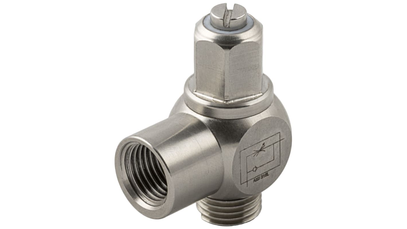 RS PRO 66070 Series Threaded Flow Regulator, 1/4 in Male Inlet Port, 1/4in Tube Inlet Port x 1/4 in Female Outlet Port