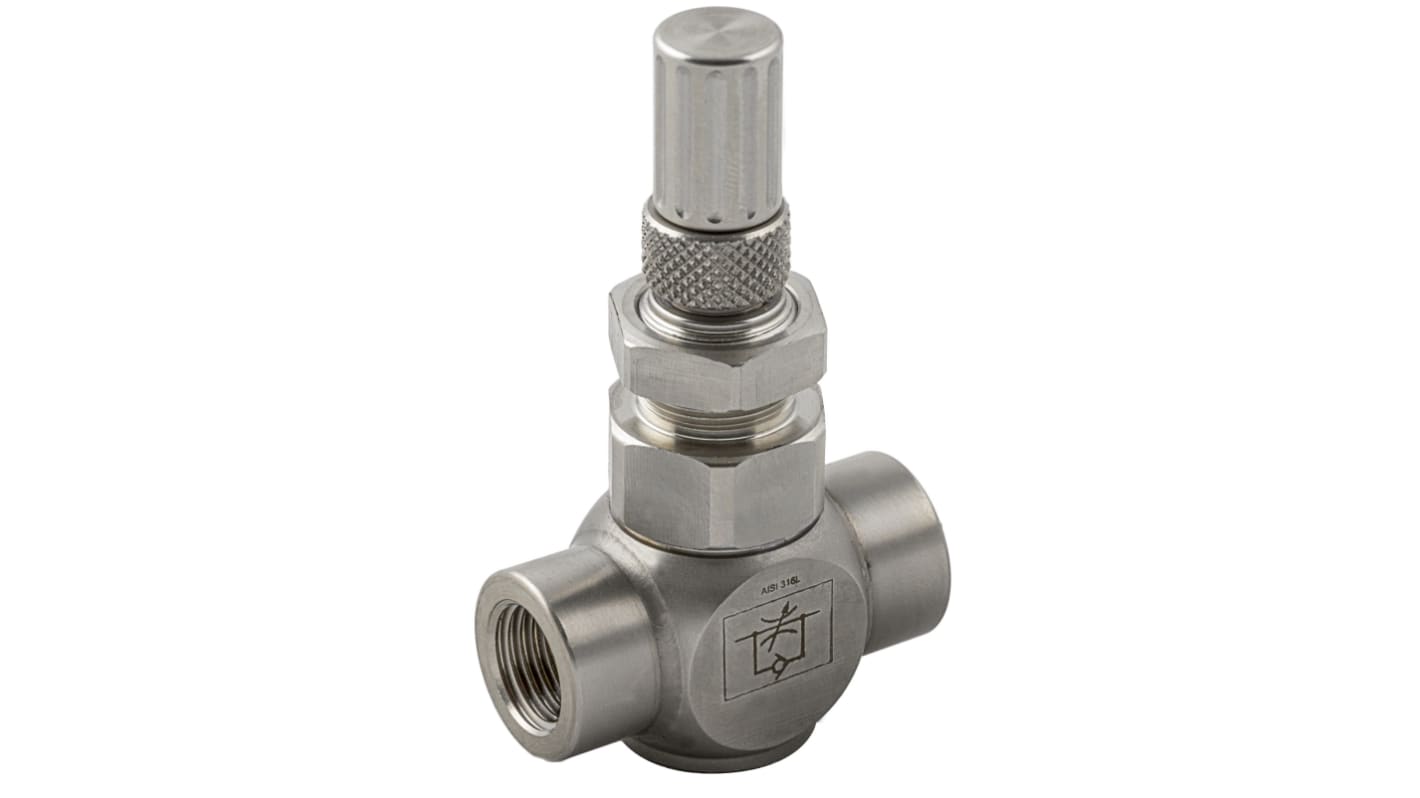 RS PRO 66085 Series Threaded Flow Regulator, 1/8 in Female Inlet Port, 1/8in Tube Inlet Port x 1/8 in Female Outlet Port