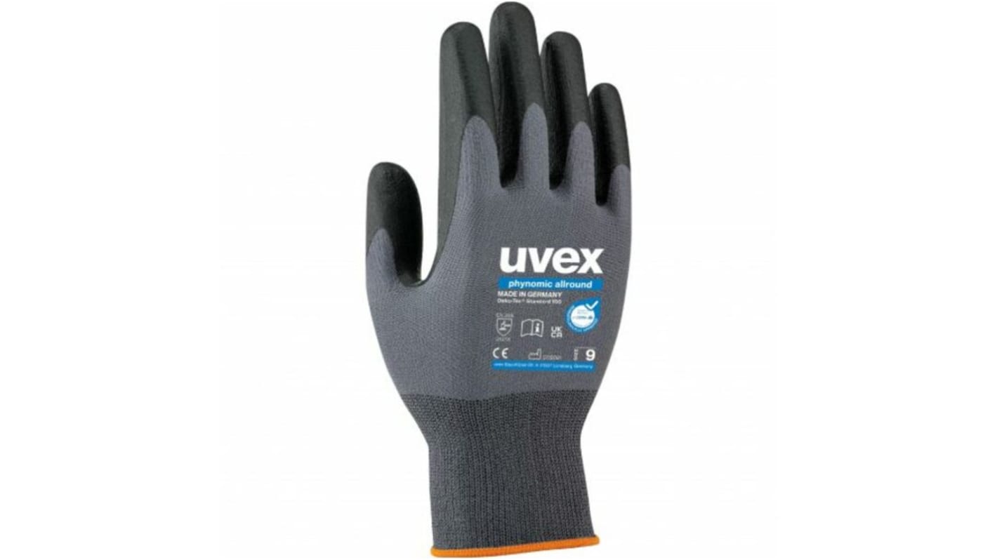 uvex Phynomic Allround Grey Elastane, Polyamide Work Gloves, Size 9, Aqua-Polymer Foam Coating