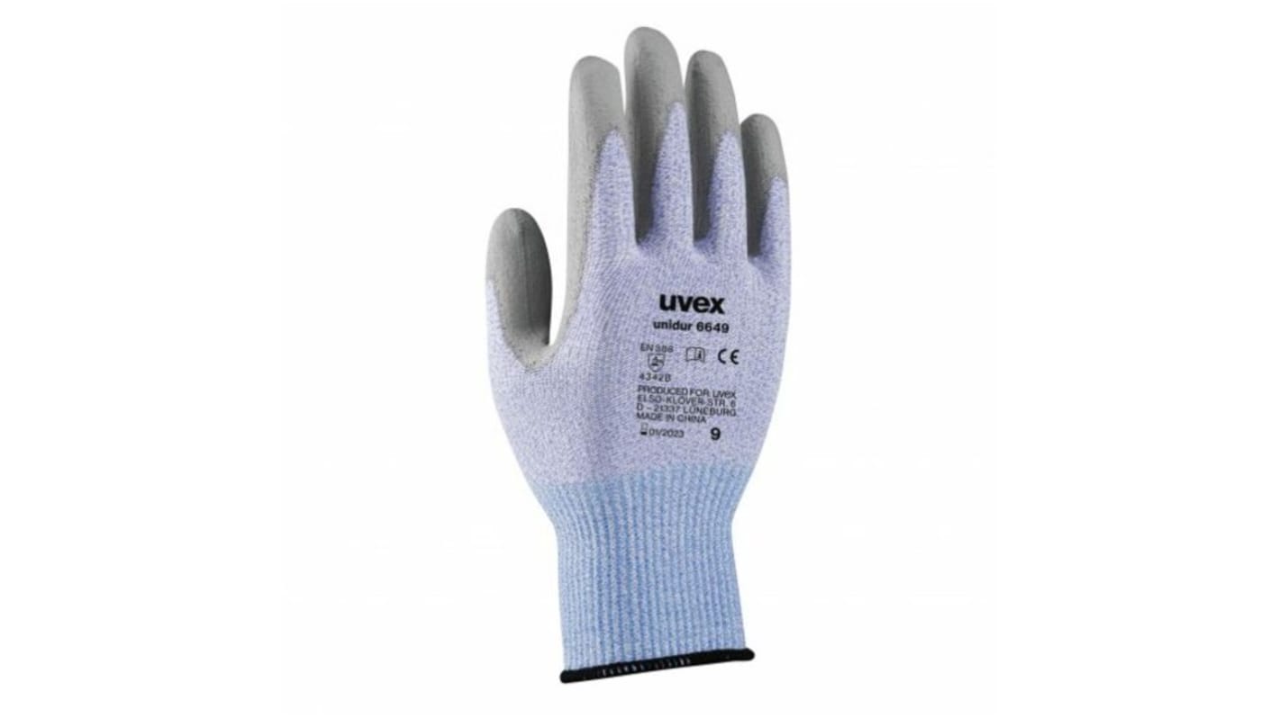 Uvex Unidur Blue Elastane, HPPE, Polyamide Cut Resistant Work Gloves, Size 9, Polyurethane Coating