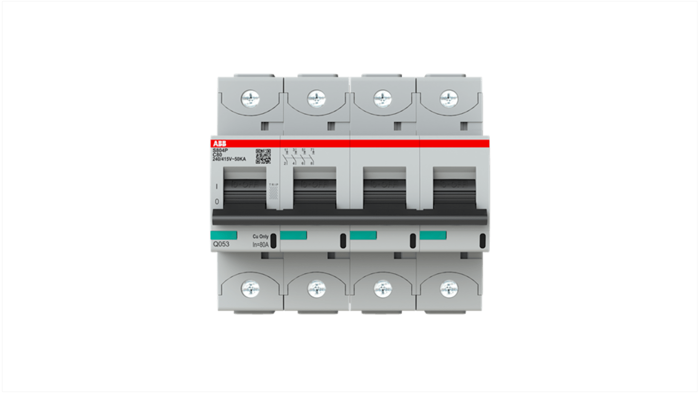 Interruptor automático 4P, 80A, Curva Tipo C S804P-C80, Altas prestaciones, Montaje en Carril DIN