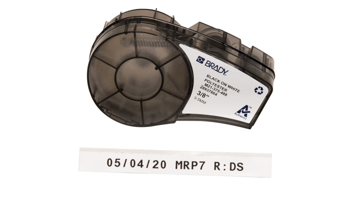 Brady B-488 Polyester Black on White Label Printer Tape, 6.4 m Length, 9.53 mm Width